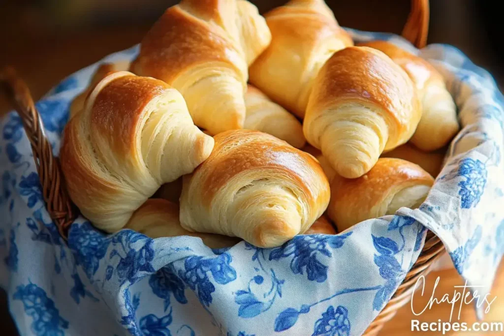 How healthy are crescent rolls? A basket filled with golden, flaky crescent rolls lined with a blue floral cloth.