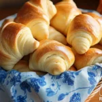 How healthy are crescent rolls? A basket filled with golden, flaky crescent rolls lined with a blue floral cloth.