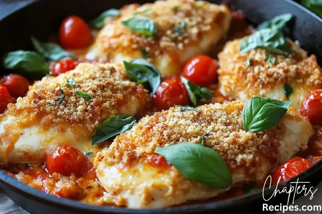 A healthy baked chicken dish with a golden breadcrumb crust, cherry tomatoes, and fresh basil, perfect for Weight Watchers dinner recipes.