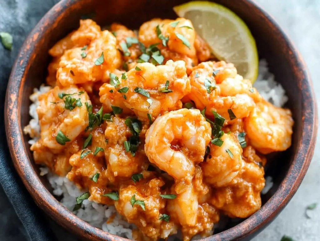 A bowl of Bang Bang Shrimp served over white rice, garnished with fresh parsley and a lemon wedge.
