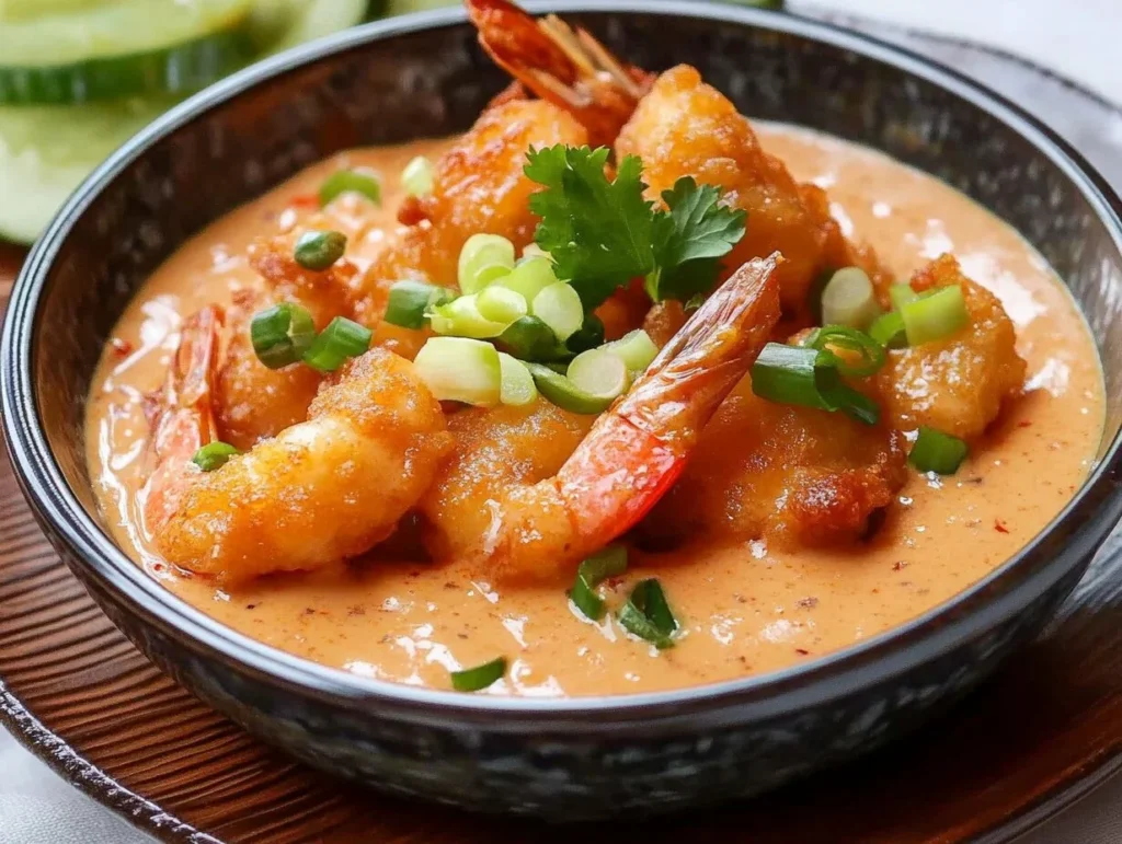 A bowl of crispy shrimp coated in creamy Bang Bang sauce, garnished with fresh green onions and cilantro.