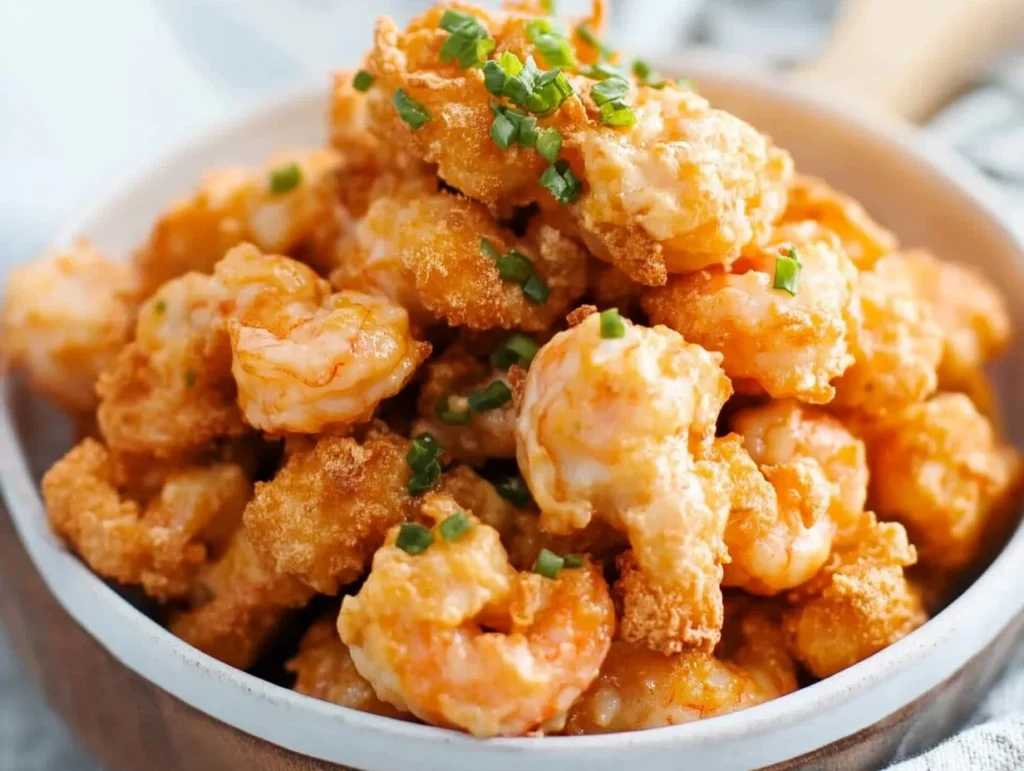 A bowl of crispy Bang Bang shrimp garnished with fresh chopped green onions.