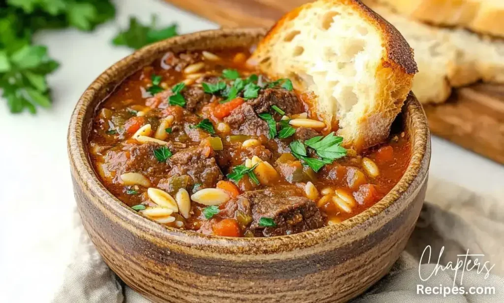 A hearty bowl of Beef Minestrone Soup recipe with tender beef chunks, vegetables, orzo pasta, and a slice of toasted bread on the side.