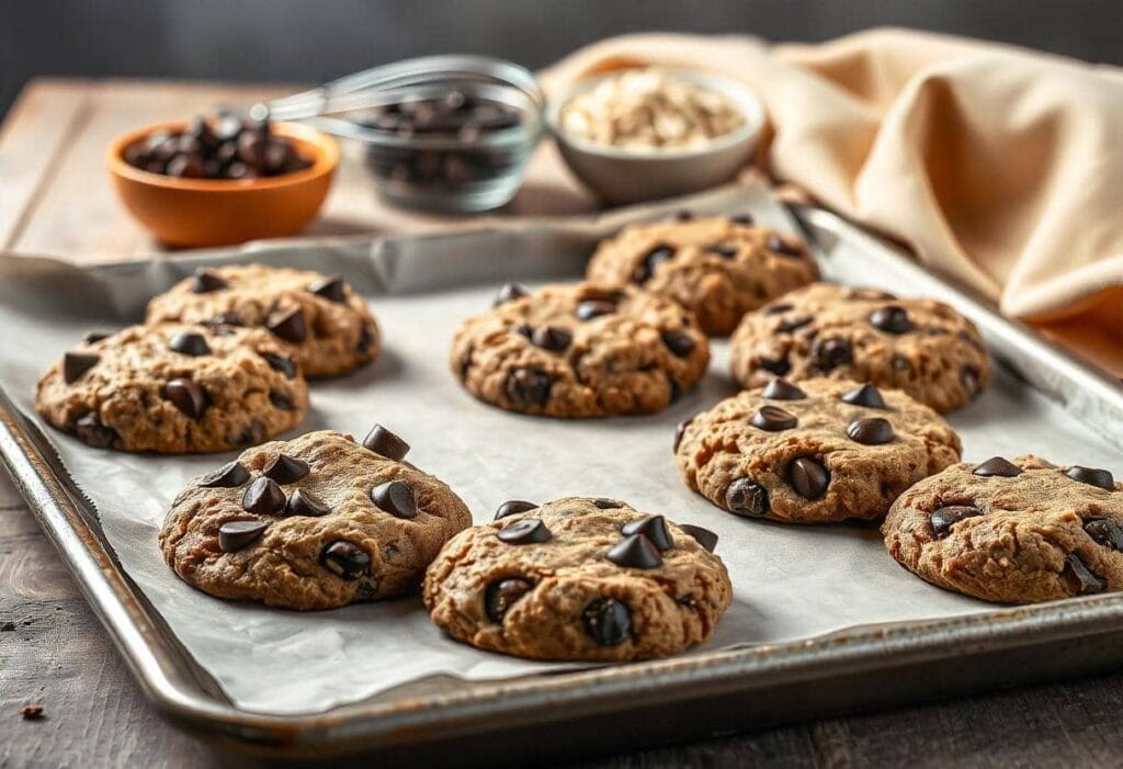 A baking tray filled with freshly baked chocolate chip cookie crumble​ resting on parchment paper, with bowls of chocolate chips and oats in the blurred background.