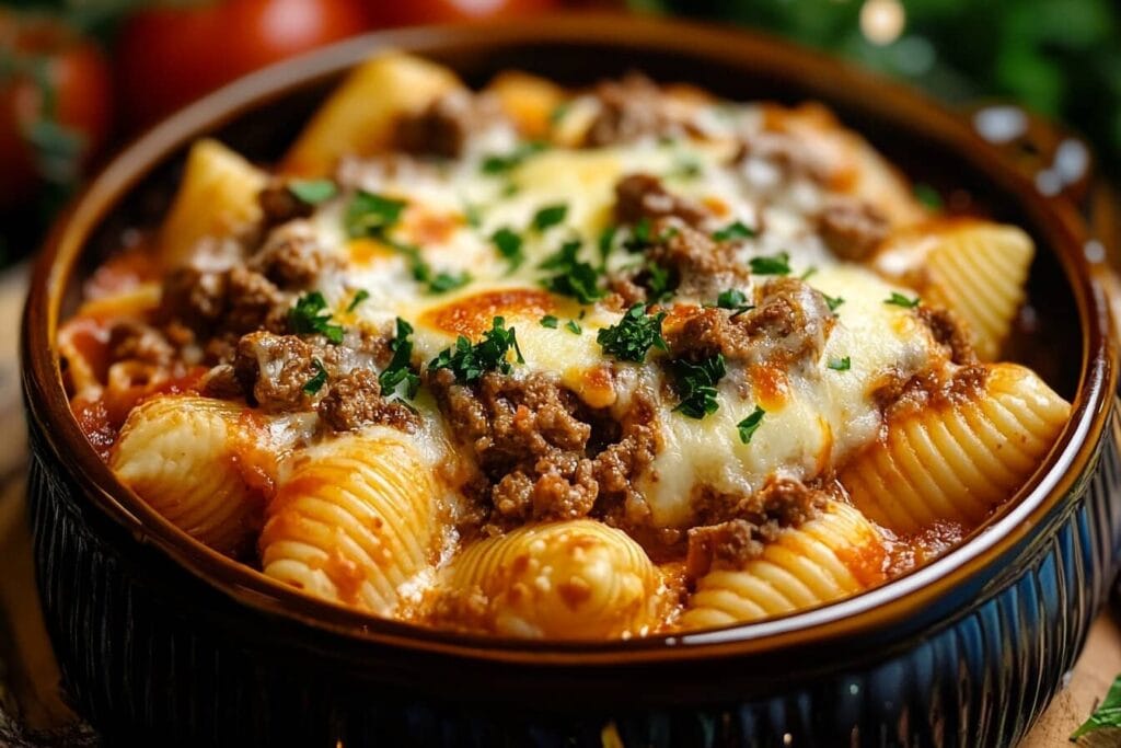 A close-up of baked pasta shells stuffed with Creamy Ricotta Beef Stuffed Shells Pasta , topped with melted cheese and fresh parsley, served in a ceramic dish.
