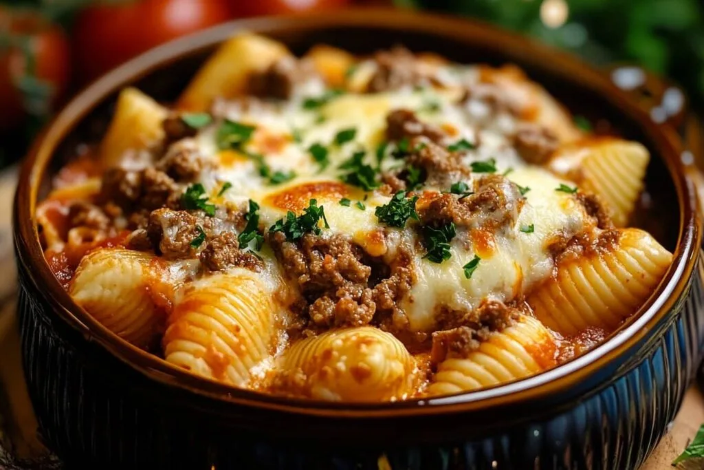 A close-up of baked pasta shells stuffed with Creamy Ricotta Beef Stuffed Shells Pasta , topped with melted cheese and fresh parsley, served in a ceramic dish.