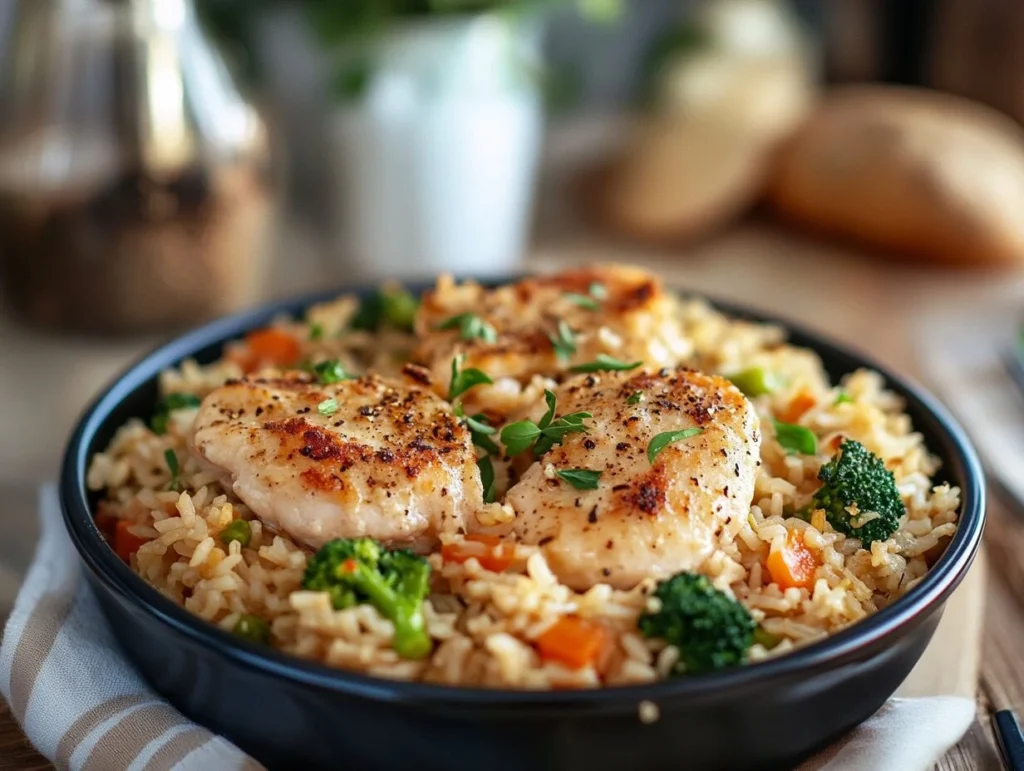 A plate of seasoned chicken served over a bed of rice with broccoli and carrots.