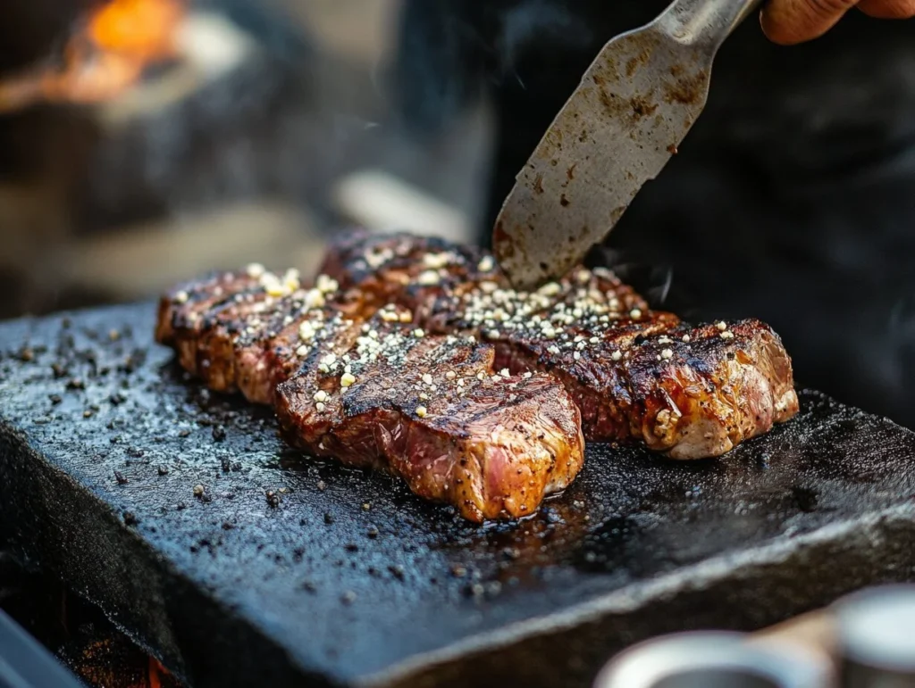 Juicy, perfectly seared steaks being cooked on a Blackstone grill with seasoning sprinkled on top.