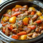A hearty crockpot stew featuring tender chunks of meat, carrots, potatoes, and sprigs of fresh thyme.