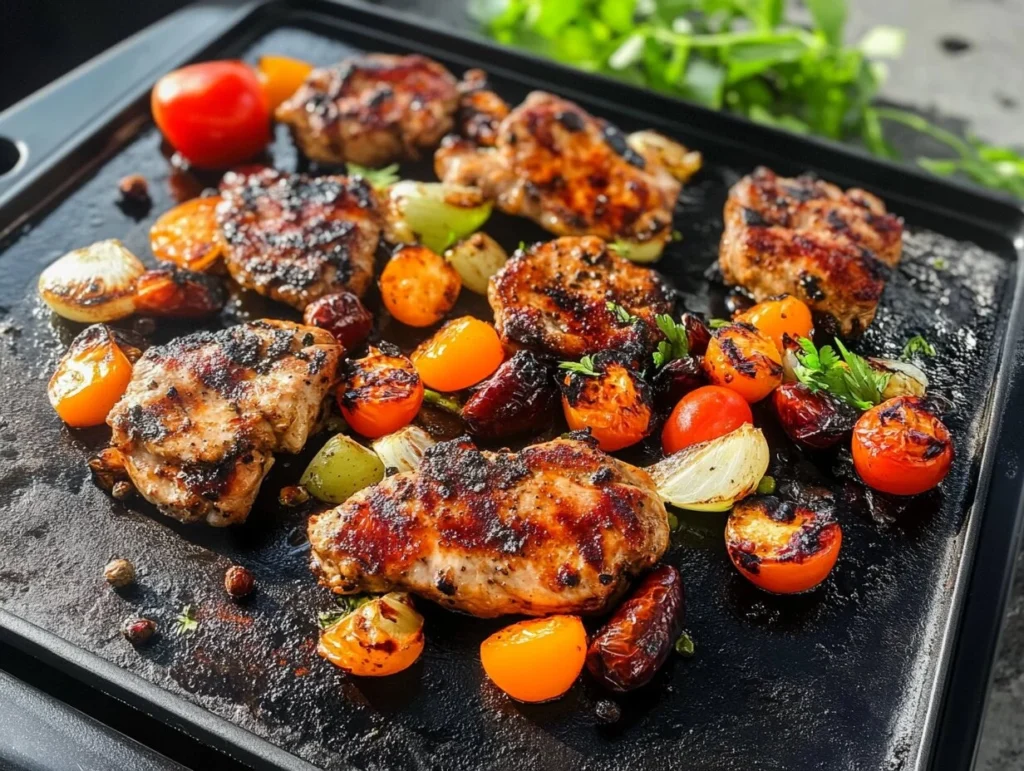 Juicy grilled chicken thighs with charred cherry tomatoes, onions, and peppers on a hot griddle.