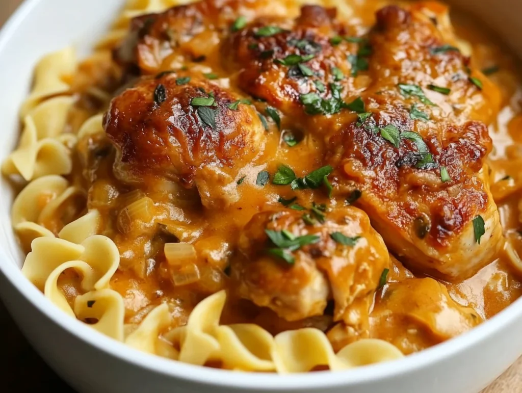 A close-up of creamy chicken thighs with a golden-brown sear, garnished with parsley and served over egg noodles in a rich sauce.