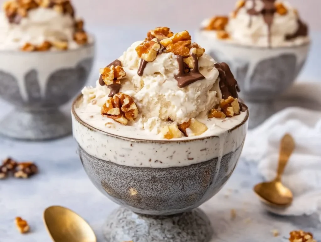 A creamy vanilla ice cream dessert topped with chopped walnuts and drizzled chocolate in a rustic gray bowl.