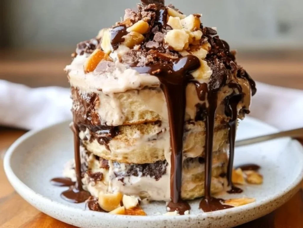 A decadent dessert featuring layers of chocolate peanut butter ice cream sandwiched between fluffy pancakes, topped with chopped nuts, melted chocolate, and caramel drizzle.