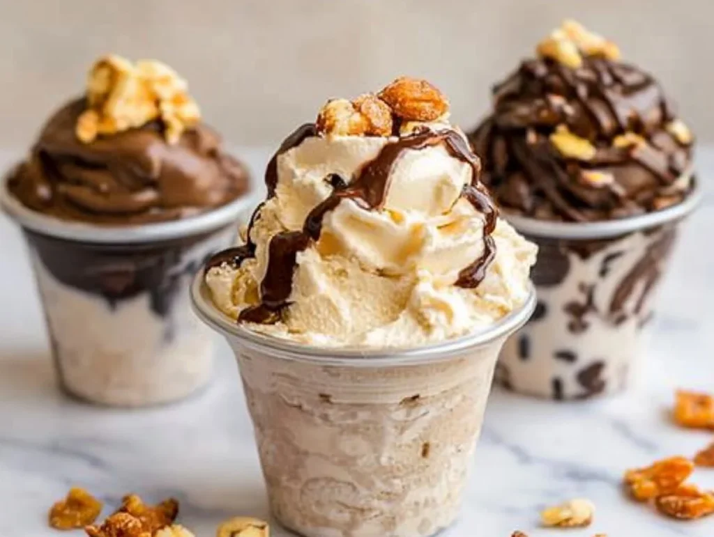 Three Ninja Creami frozen desserts in cups, featuring chocolate and vanilla bases, topped with chocolate drizzle, caramel, and nuts.