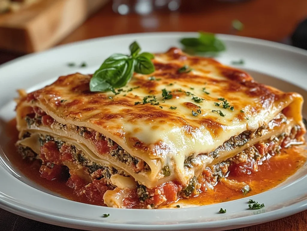 A close-up view of a classic lasagna slice with layers of pasta, meat sauce, spinach, ricotta cheese, and melted mozzarella, garnished with fresh basil on a white plate.