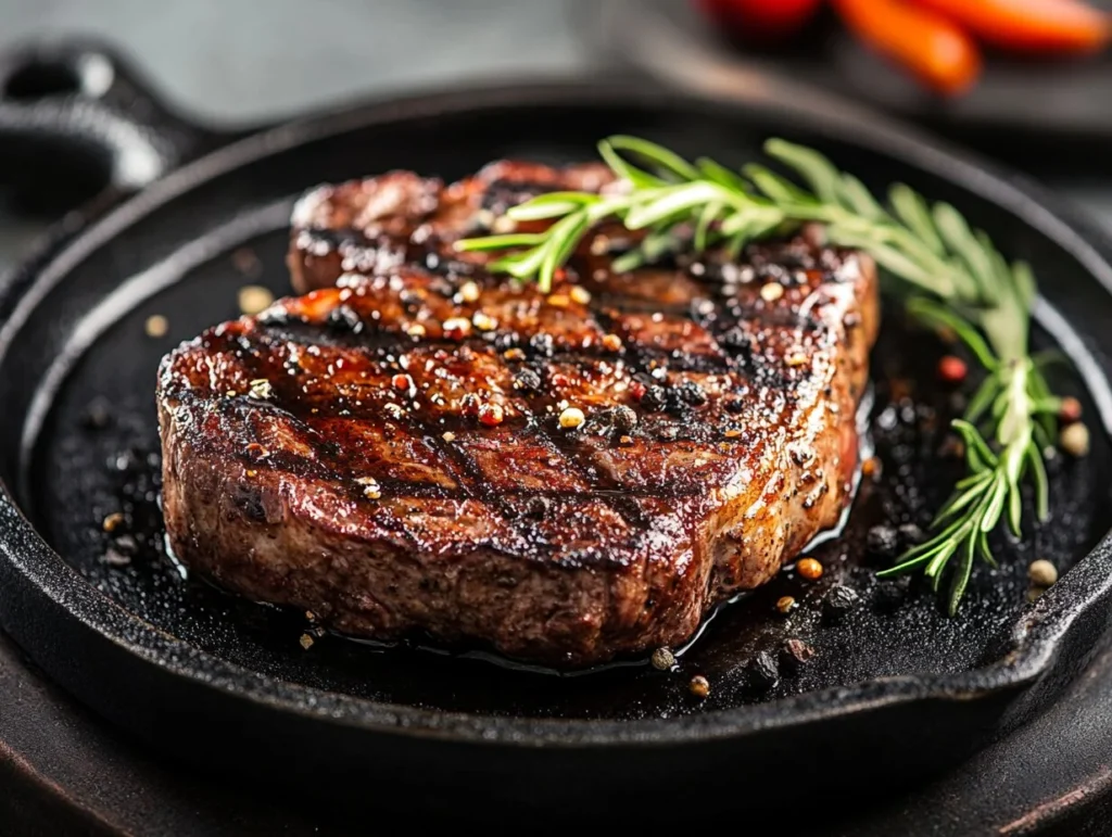A perfectly grilled ribeye steak with rosemary and peppercorns on a Blackstone griddle skillet.