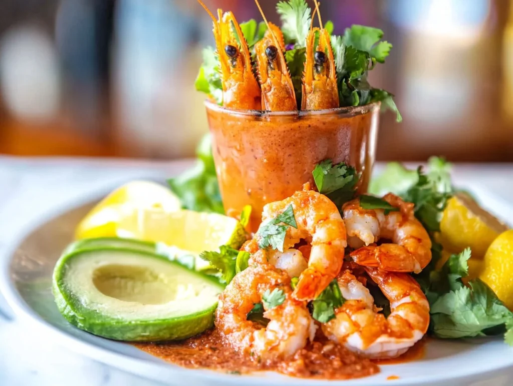 A vibrant plate of shrimp topped with cilantro, served with a creamy dipping sauce, avocado slices, and lemon wedges.