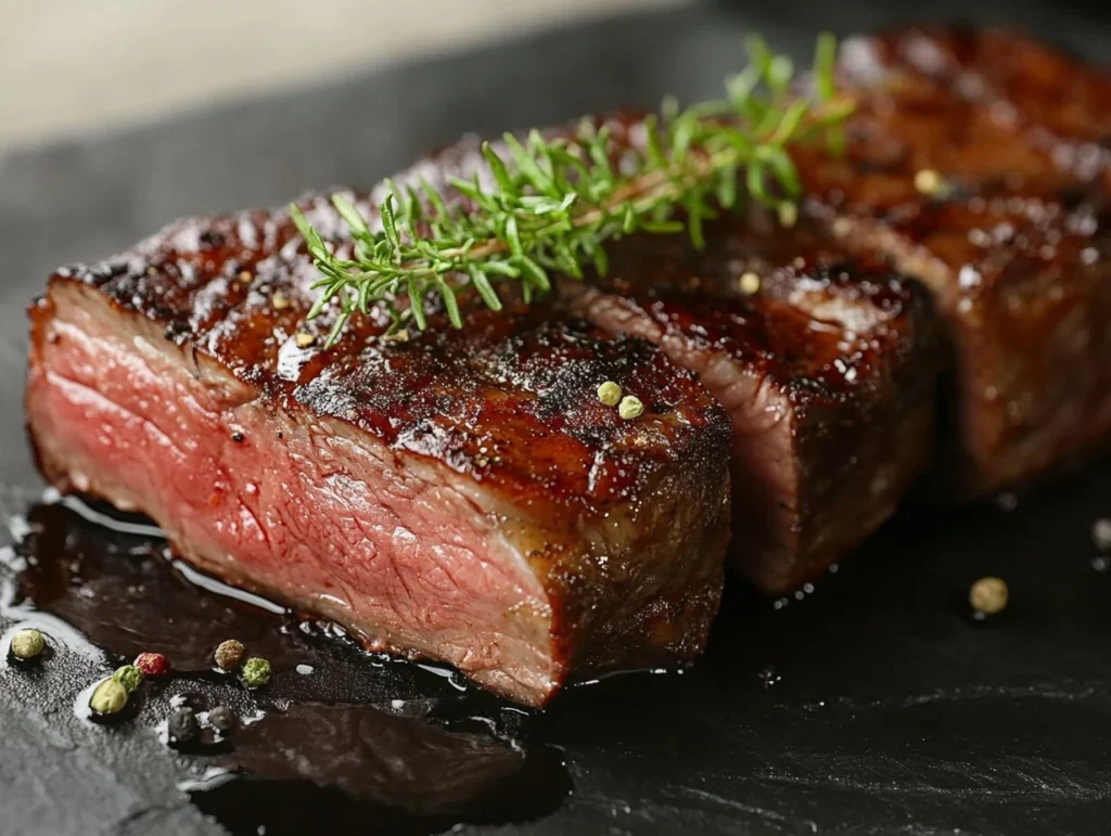 A juicy, perfectly seared steak garnished with fresh herbs and cracked pepper on a Blackstone griddle.
