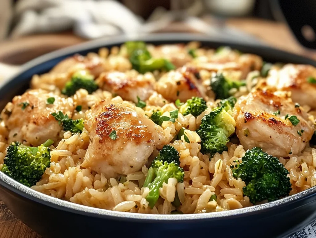 A savory chicken and broccoli rice skillet featuring golden brown chicken chunks, steamed broccoli, and flavorful rice garnished with fresh herbs.
