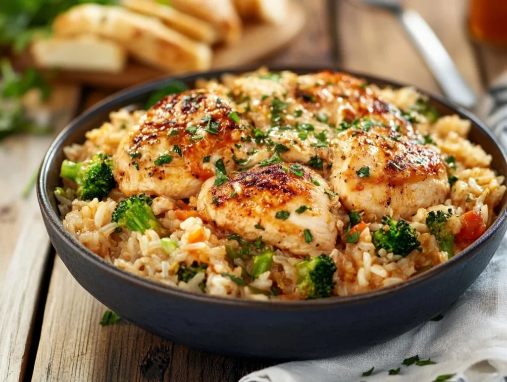 A hearty bowl of grilled chicken served over rice mixed with broccoli and vegetables, garnished with fresh parsley.