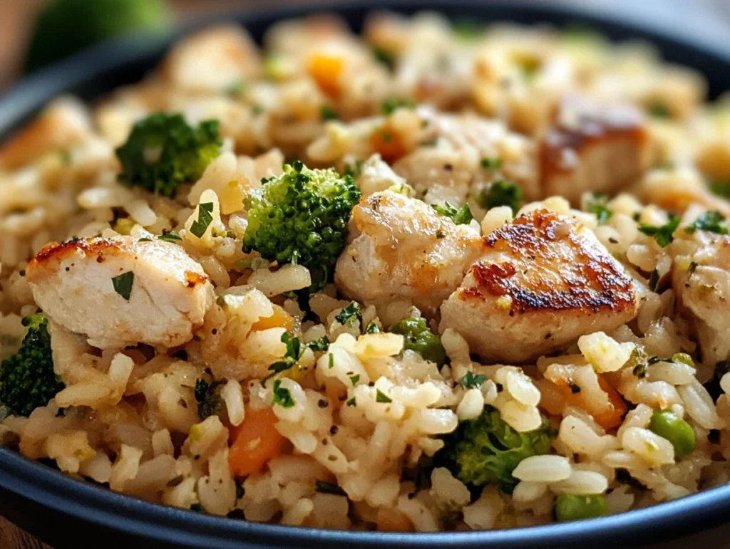 A close-up of a chicken broccoli rice casserole featuring tender chicken pieces, broccoli florets, peas, and perfectly cooked rice seasoned with herbs.