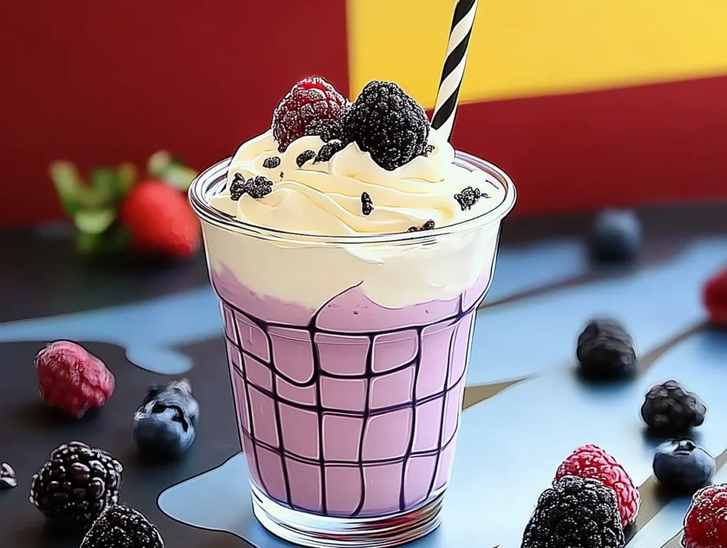 A vibrant berry milkshake or cold yogurt drink topped with whipped cream and fresh blackberries, served in a tall glass with a striped straw.