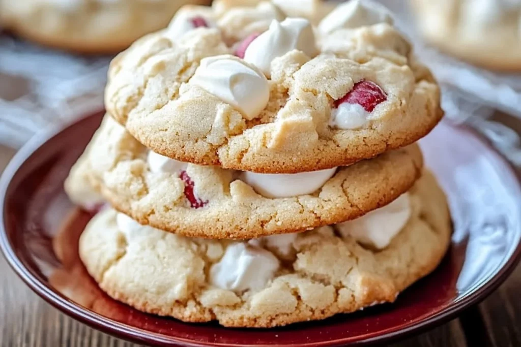 A close-up view of three soft cookies stacked on a red plate, filled with white whipped cream and dotted with red candies.