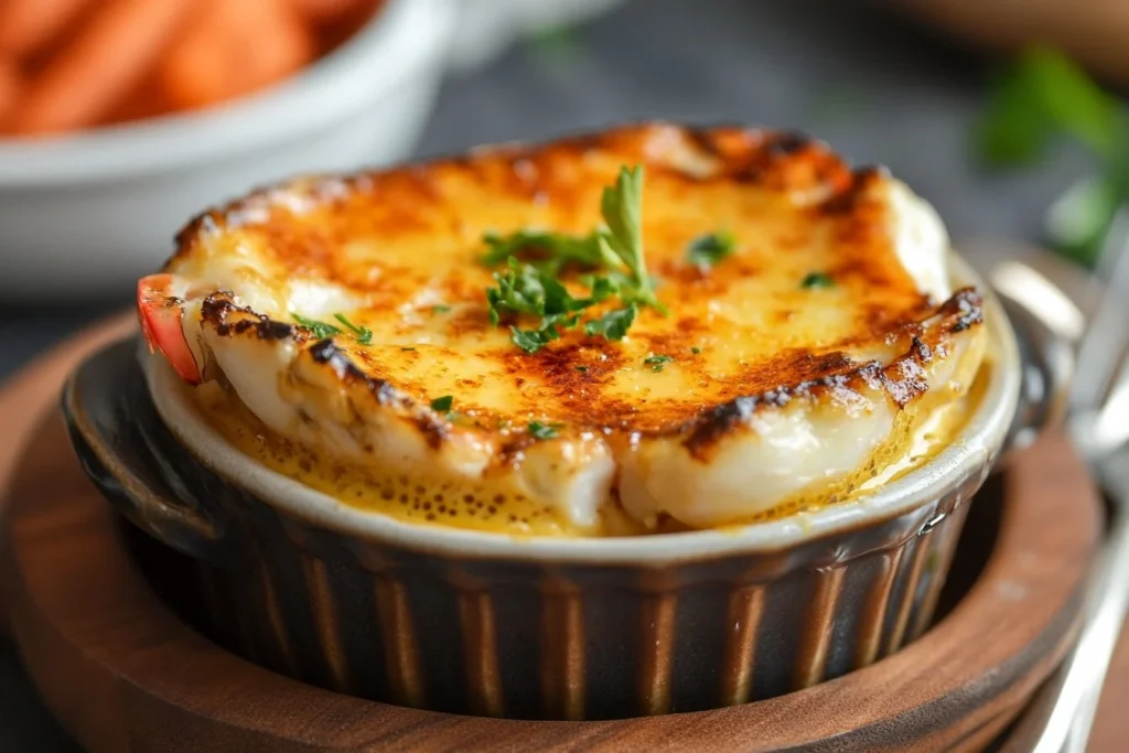 Close-up of a golden, creamy crab brûlée topped with a crispy caramelized crust, garnished with parsley in a ceramic ramekin.