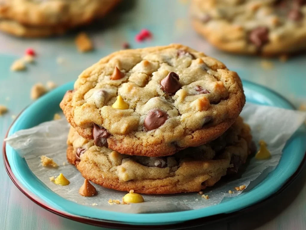 A stack of freshly baked Crumbl cookies calories featuring golden edges and studded with colorful chocolate chips on a turquoise plate.