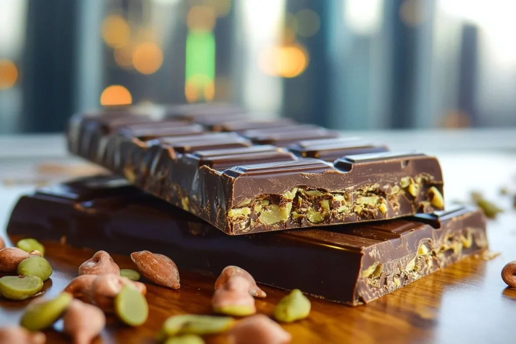 Close-up of a gourmet chocolate bar with nuts on a wooden surface, set against a blurry cityscape background.