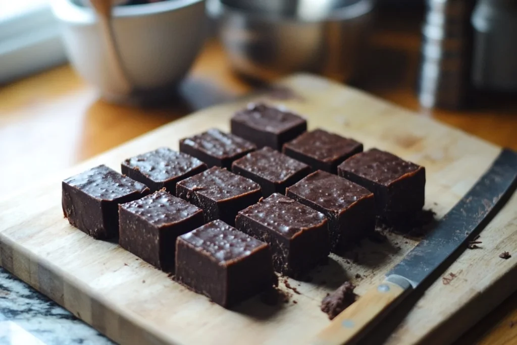 A set of freshly cut chocolate fudge squares on a wooden cutting board, with a knife beside them.