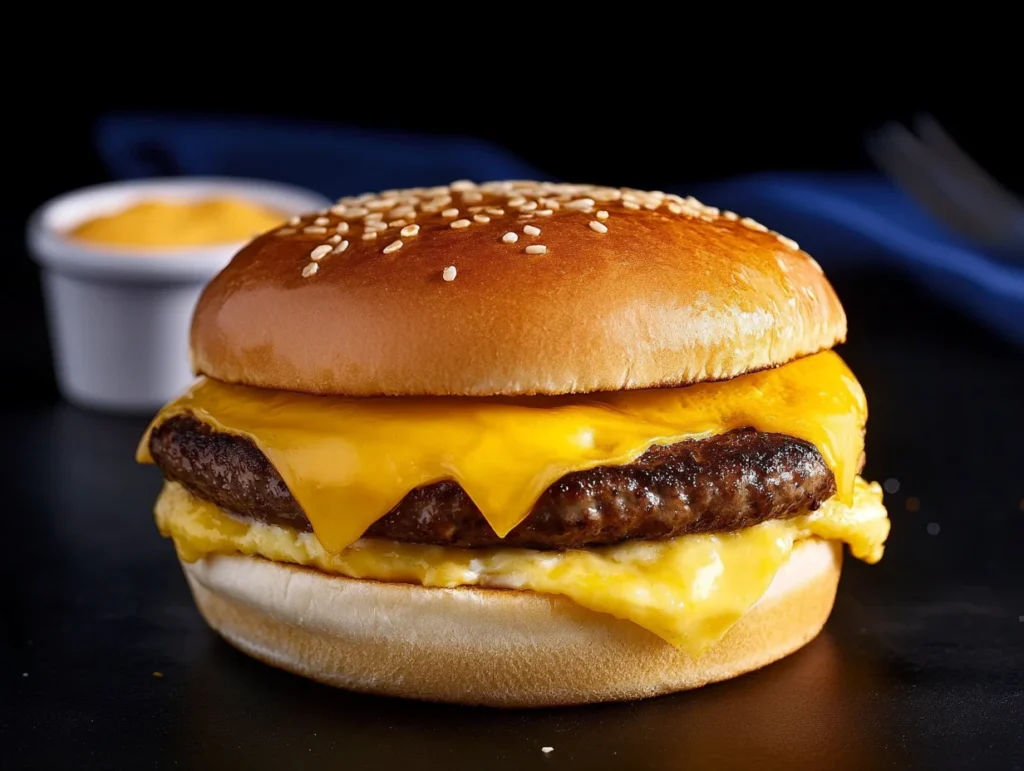 A close-up of a Jimmy Dean breakfast sandwich with a beef patty, melted cheese, and scrambled eggs on a sesame seed bun.