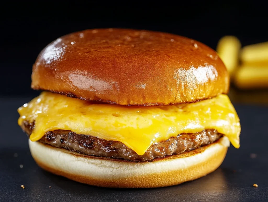 A close-up of a Jimmy Dean breakfast sandwich with melted cheddar cheese and a grilled beef patty on a golden brioche bun.