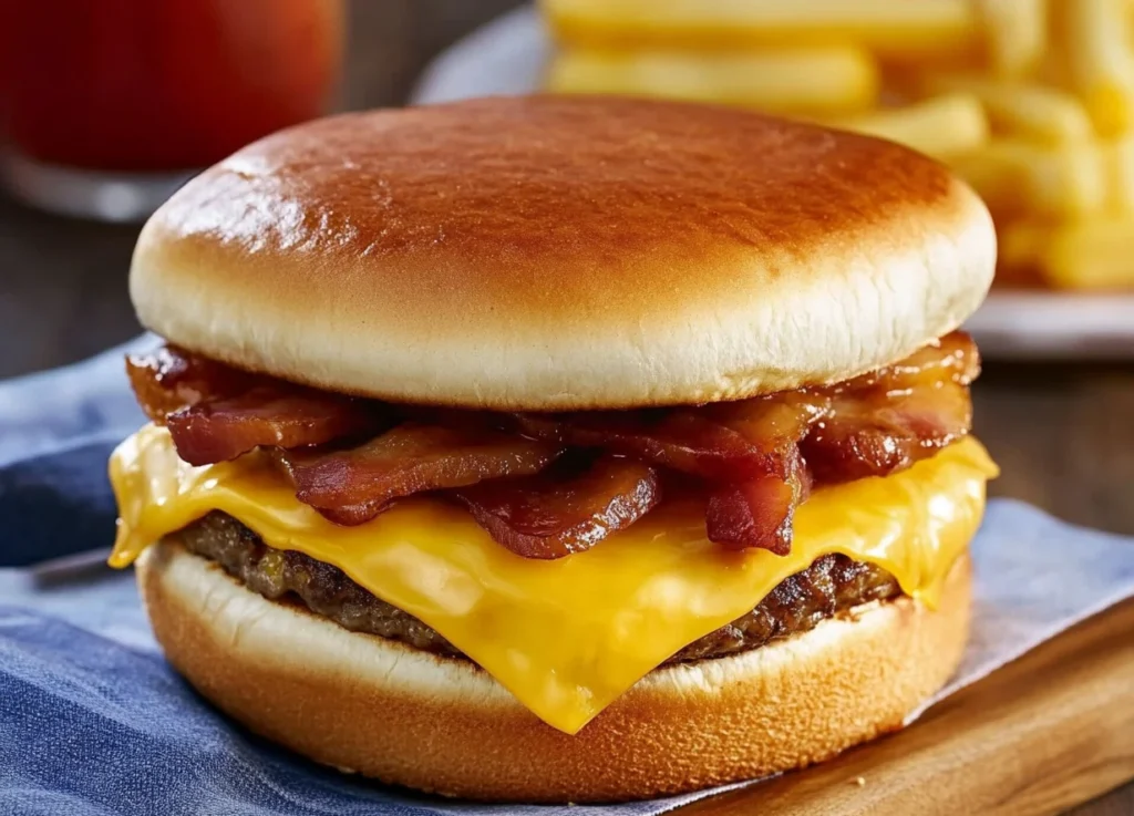 A close-up of a bacon and cheese breakfast sandwich with a toasted bun, crispy bacon, melted cheese, and a sausage patty.