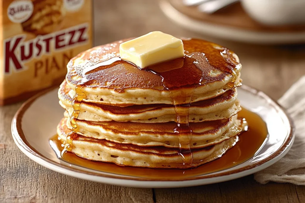 A stack of golden-brown pancakes topped with butter and syrup, made using Krusteaz pancake mix, with the product box in the background.