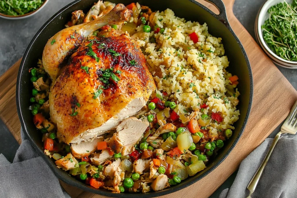 A roasted chicken with golden skin, served in a black skillet alongside vibrant vegetable rice with peas, carrots, and herbs.