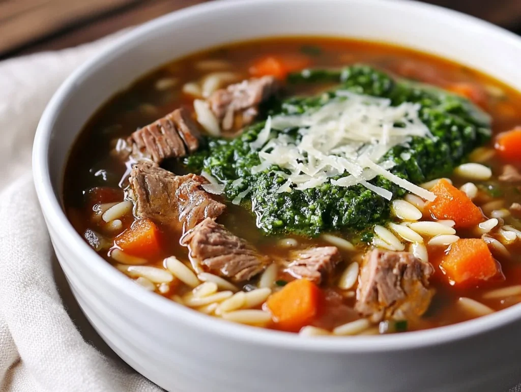 A hearty bowl of Italian orzo beef soup garnished with vibrant green pesto and shredded Parmesan cheese.