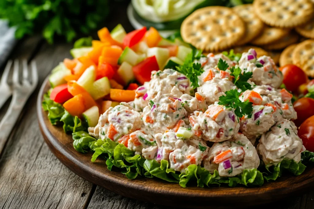 A delicious platter of chicken salad scoops with crackers and fresh vegetables.