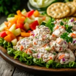 A delicious platter of chicken salad scoops with crackers and fresh vegetables.