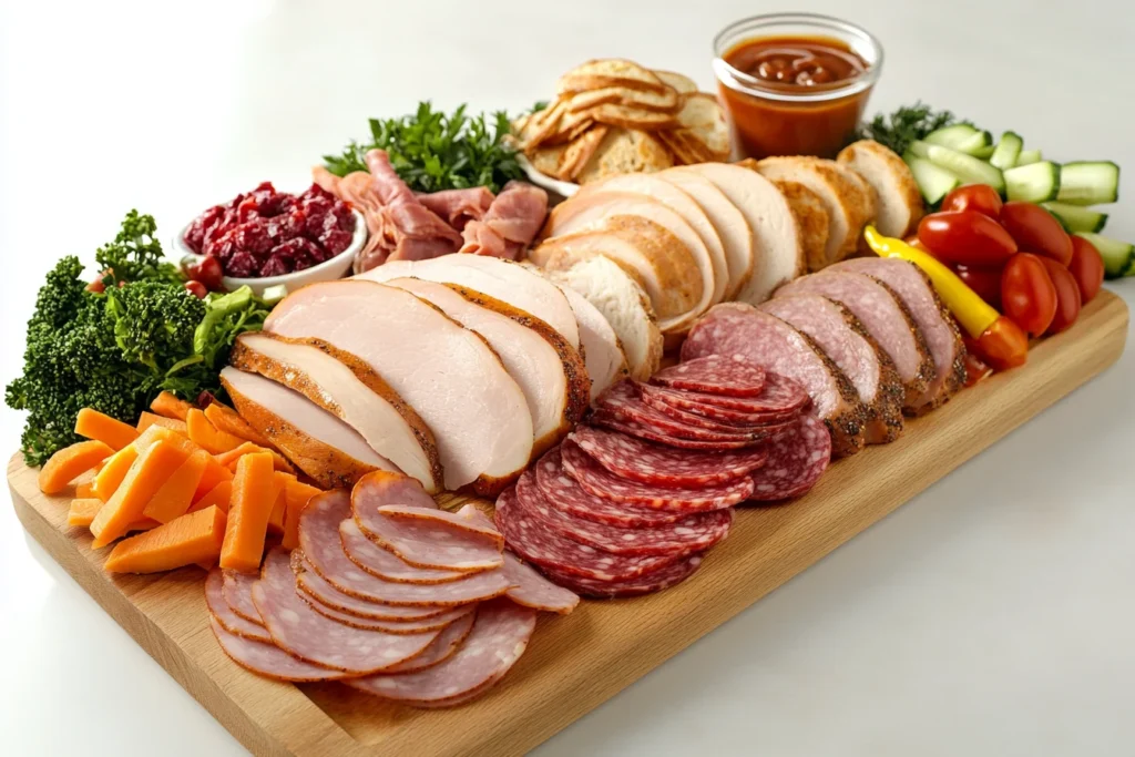 A variety of lunch meats arranged on a wooden board with fresh vegetables and bread.