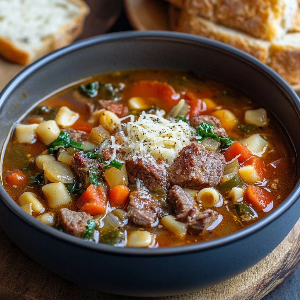 : A hearty beef and vegetable stew served in a dark bowl, with chunks of tender beef, carrots, potatoes, pasta, and shredded cheese on top, accompanied by slices of bread in the background.