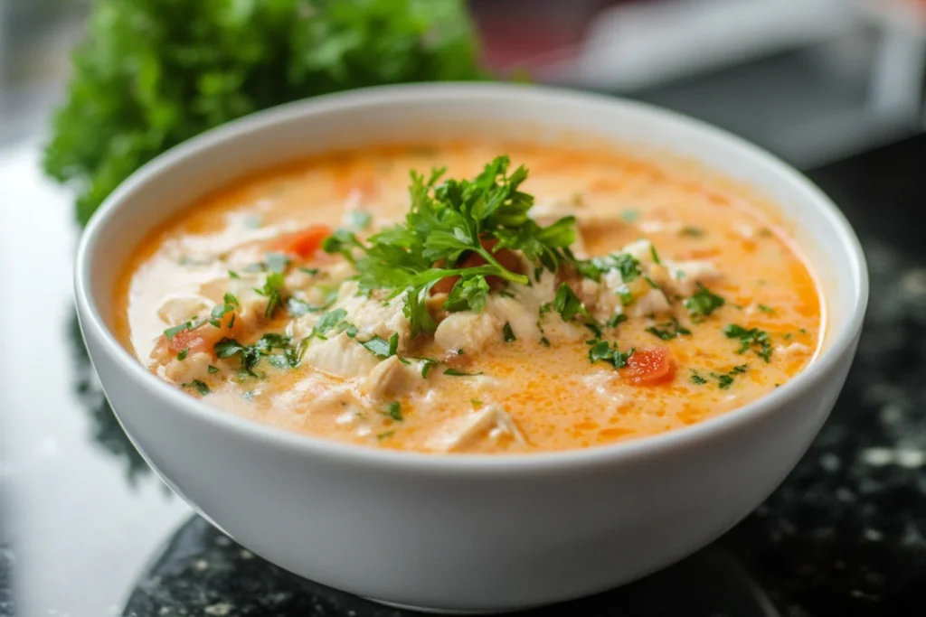 A bowl of creamy chicken soup topped with fresh parsley, featuring chunks of chicken and vegetables in a rich, orange-colored broth, set on a dark countertop with blurred greenery in the background.