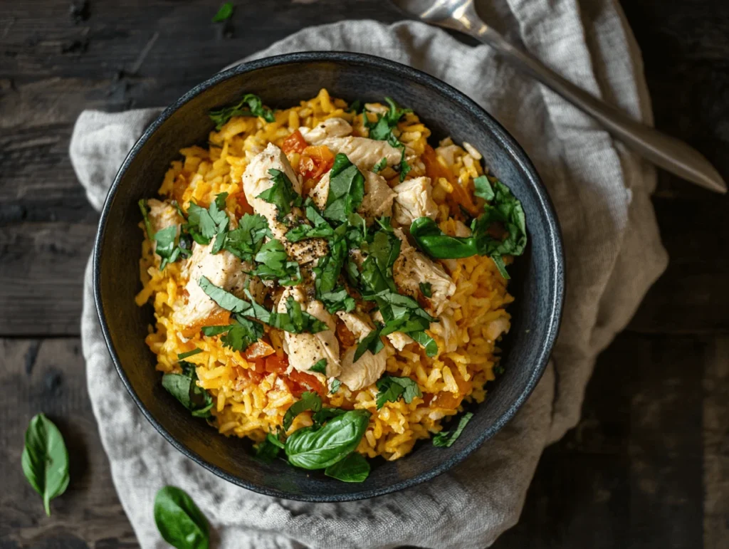A vibrant bowl of yellow rice topped with tender chicken pieces, fresh chopped herbs, and garnished with basil leaves, served on a rustic wooden table.