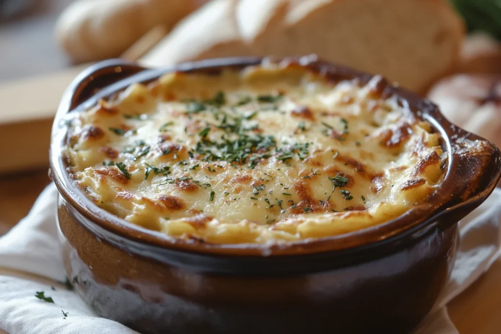 A close-up view of a golden-brown baked potato gratin, topped with melted cheese and garnished with chopped parsley, served in a rustic brown ceramic dish.