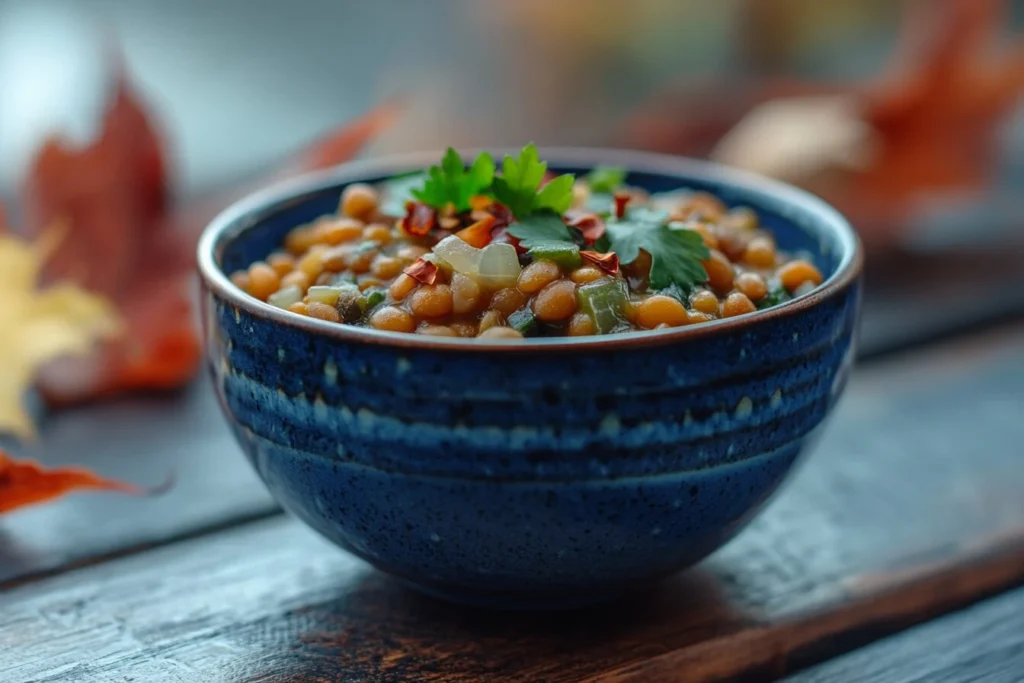 A close-up of a spiced lentil soup garnished with fresh parsley and chili flakes, served in a rustic blue ceramic bowl on a wooden table with autumn leaves in the background.
