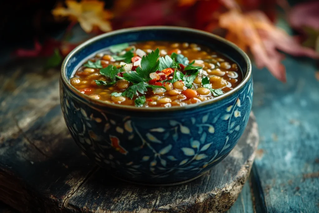 A decorative blue bowl filled with autumn lentil soup, garnished with fresh parsley and chili flakes, placed on a rustic wooden surface with fall leaves in the background.