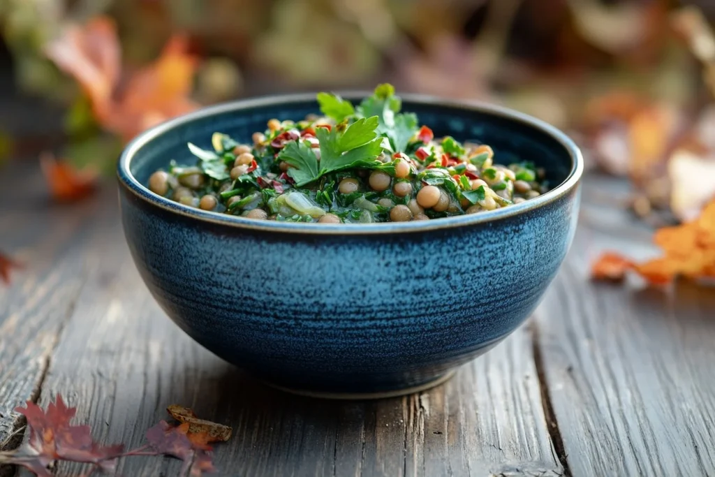 A vibrant bowl of lentil salad garnished with fresh parsley and chili flakes, served in a rustic blue ceramic bowl on a wooden table with autumn leaves in the background.