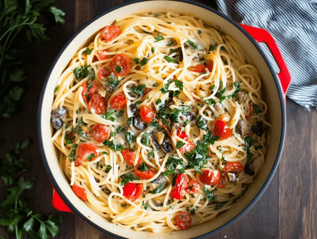 A close-up of a creamy spaghetti dish with cherry tomatoes, olives, parsley, and a rich sauce in a red pot on a wooden table.