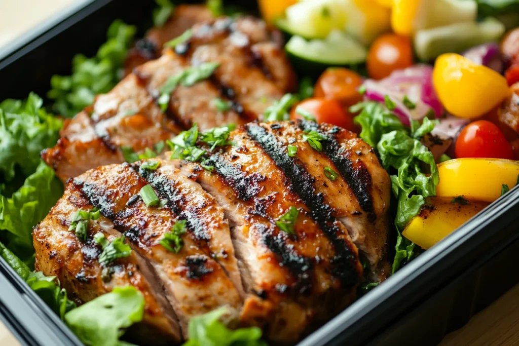 Grilled chicken breast with fresh vegetables in a meal prep container.