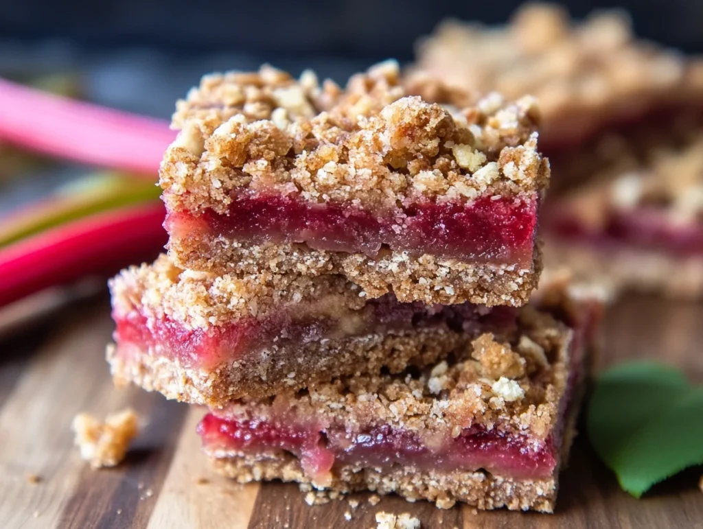 A close-up of stacked rhubarb crumble bars with vibrant red filling and golden crumbly layers, placed on a wooden surface.